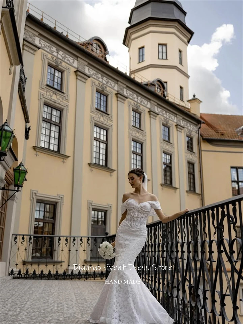 Dianruo delicado encaje blanco sirena Vestidos de Novia perlas de lujo Vestidos Novia Bohemio apliques Vestidos de Noche personalizados
