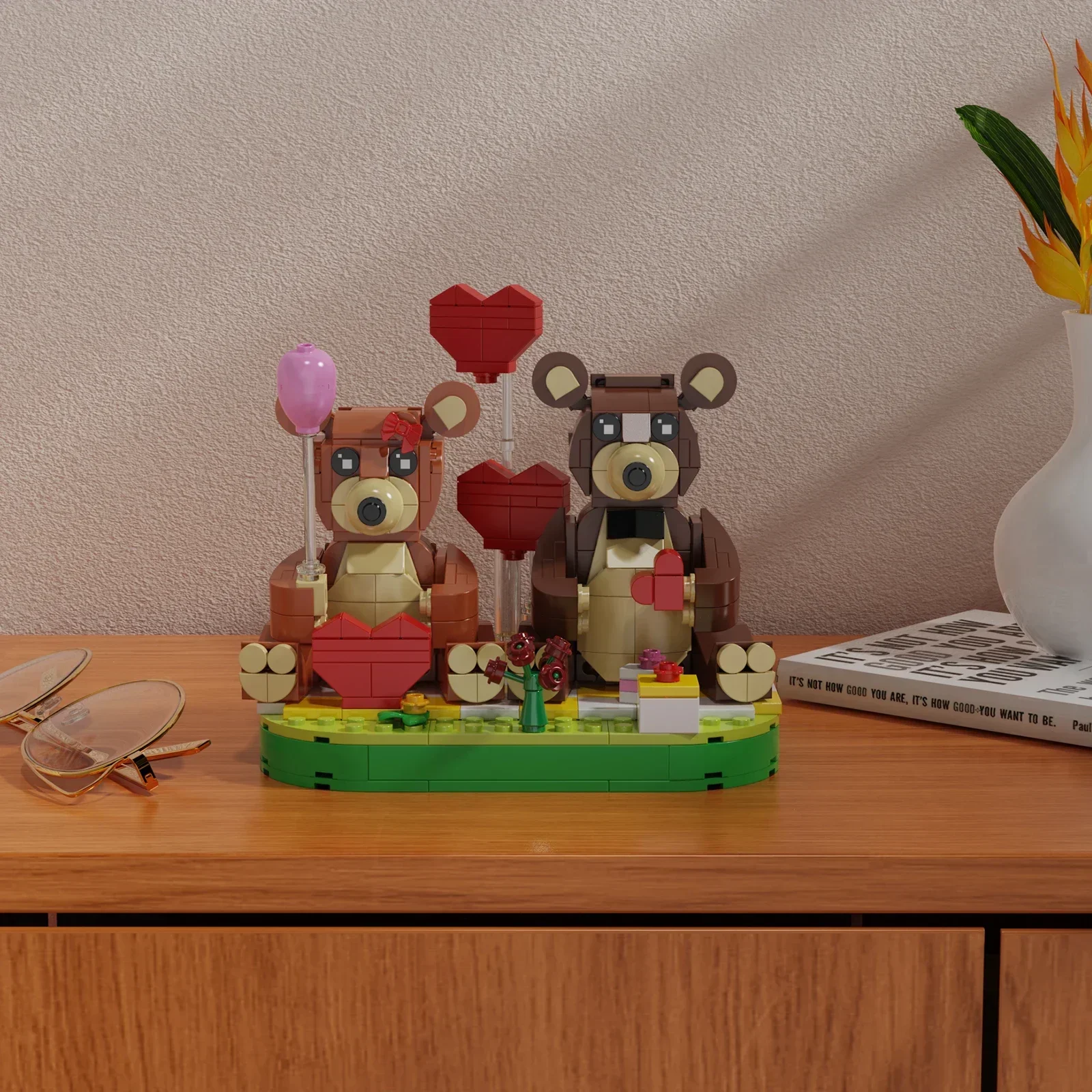 MOC San Valentino Romantico Orso Rosa Building Block Set Simpatici Animali Coppia Orso Bruno Modello Decorazione di Nozze Fai da Te Giocattoli Regali