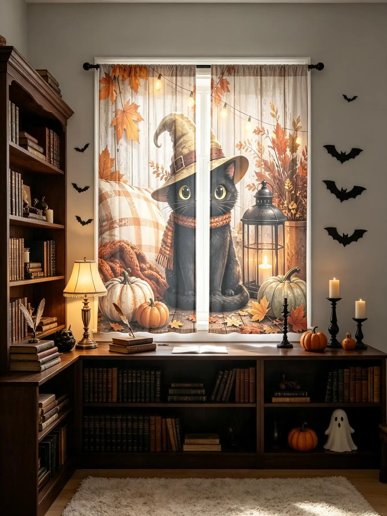 2PCS Digital Print Curtain, Warm Lamp Black Cat Cozy Halloween, Spooky Comforting Feline for Living Room Bedroom Decor