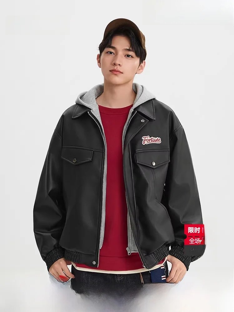 

Мужская куртка Sanfu Spring 2026 из искусственной кожи с капюшоном, в американском стиле, повседневная, с длинными рукавами, на молнии, свободного кроя, молодежная, модная
