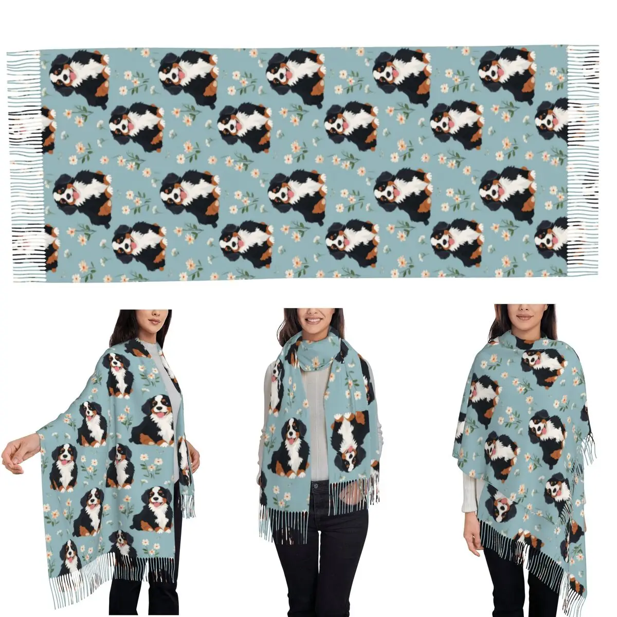 Cartoon Cute Bernese Mountain Dog Pattern Scarf Tassel Scarves Women Soft Warm Shawls and Wraps Large Fall Winter Shawl Wrap
