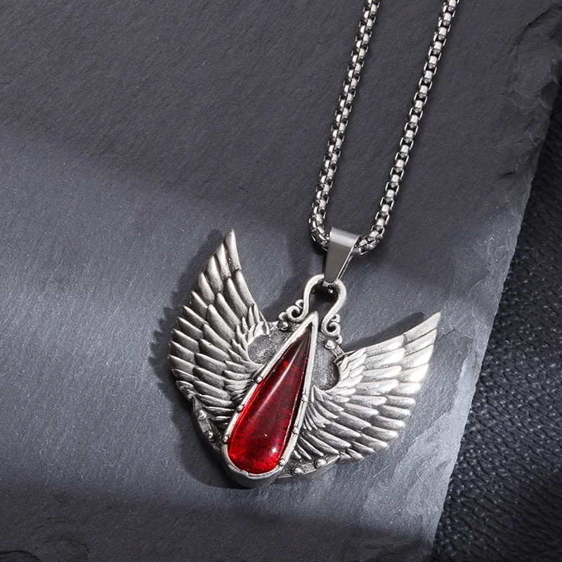 Vintage Celtic Angel Wings Synthetic Ruby Pendant Stainless Steel Necklace for Men Women Fashion Party Punk Jewelry