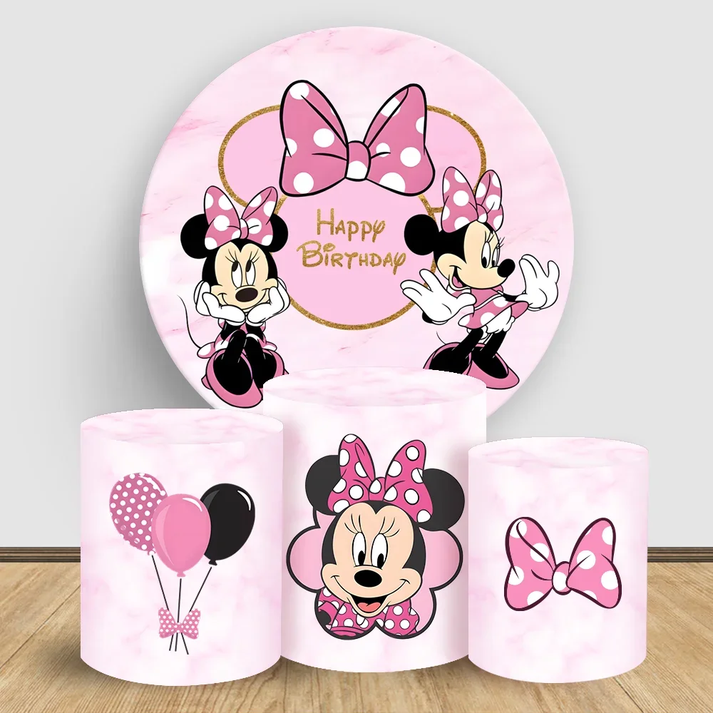 Pink Minnie Mouse Circle Backdrop Cover Round Disney Customized Cartoon Baby Girls Birthday Background Cake Table Cylinder Cover