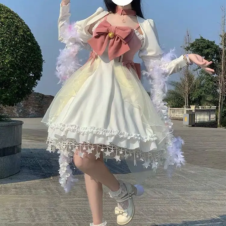 ชุดเดรสลอลิต้าแบบสายเดี่ยวเอวสูงเล็กน้อย  พร้อมคำเตือนการเต้นของหัวใจ / คำเตือนการเต้นของหัวใจ  น่ารักแบบโลลิต้า