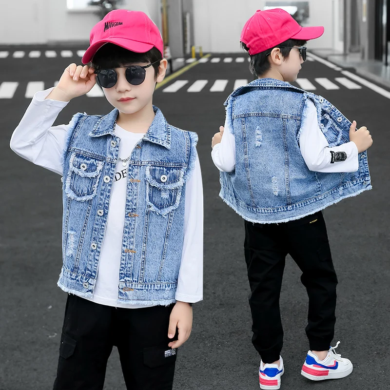 New Design Kids Denim Waistcoat with Pocket for Tweens Boys Causal Streetwear Outfit Teens Child Sleeveless Jacket Vest 4-13 Y