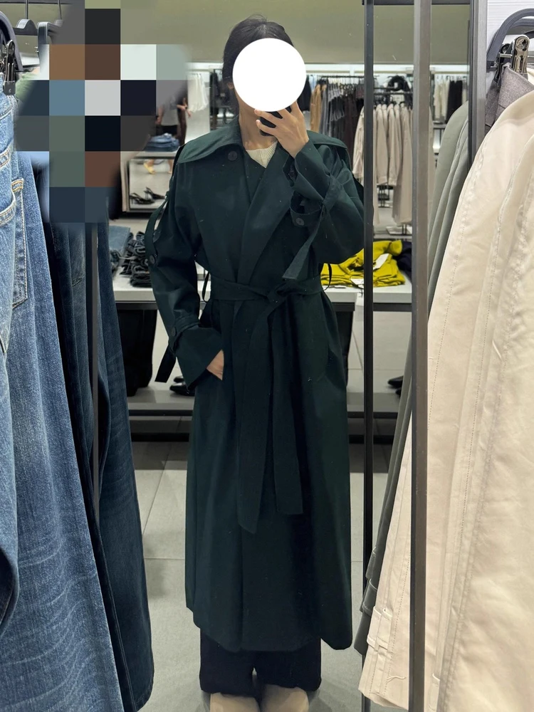 

Осень 2024, новое женское длинное свободное пальто с поясом, корейское волокно из полиэстера, 00% обычная длина све, чистый цвет