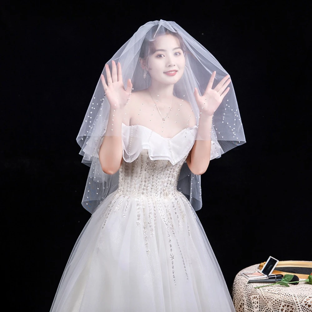 Свадебная фата из мягкого тюля с бисером, простая красивая фата с принтом из бисера, короткая свадебная фата на плечо, аксессуары для невесты