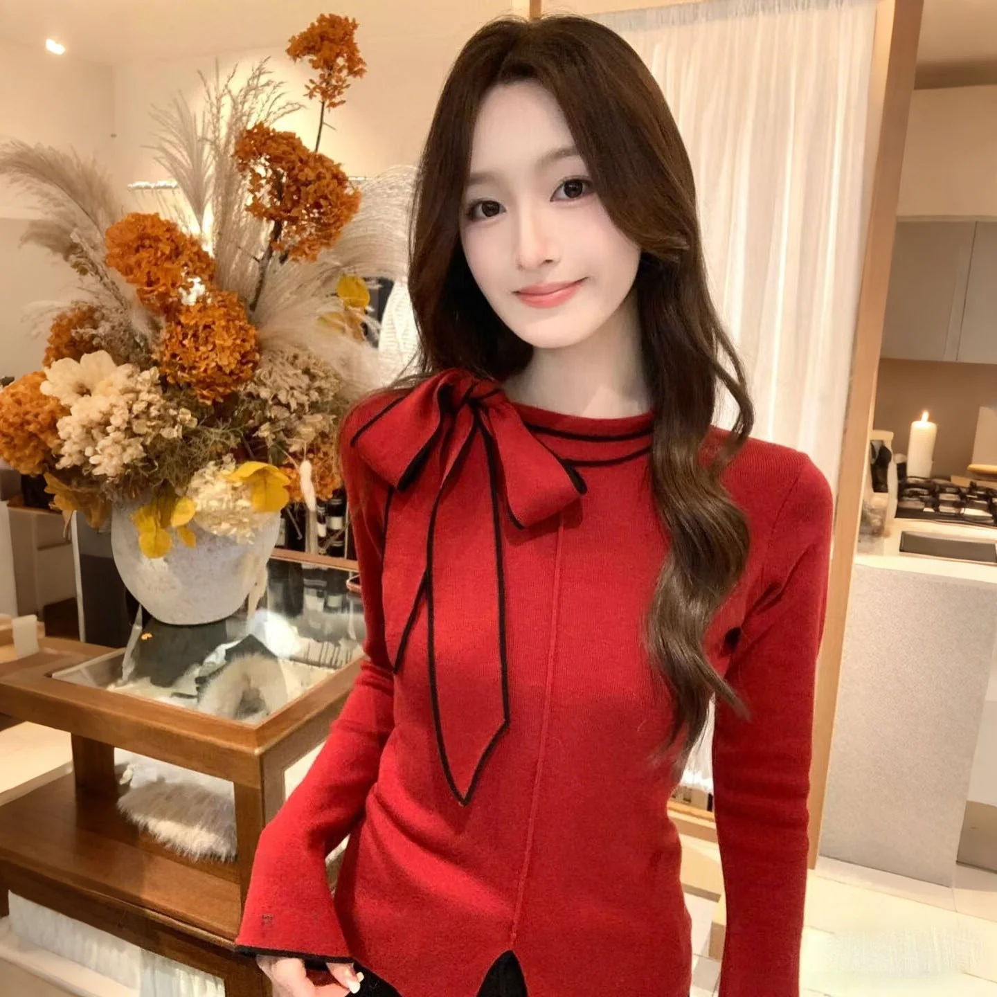 

Red Knot Long Sve Knitted irt Women's Early Spring Inner Wear Slim Fit Base Top New Year Aosphere Sensation ...