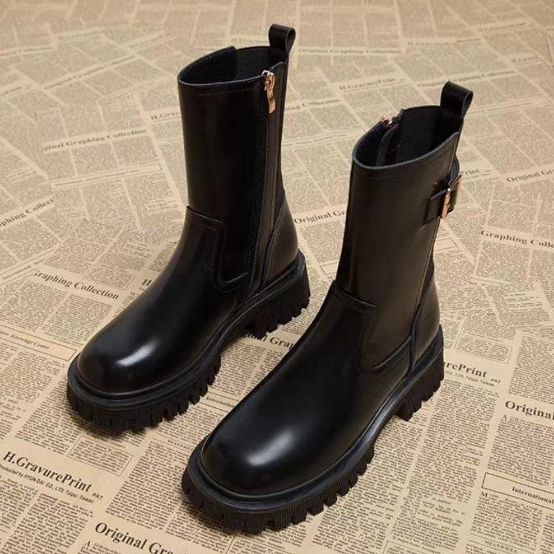 

Черные кожаные женские ботильоны, элегантные женские короткие туфли на низком каблуке, легкие трендовые модные ботильоны Rock Y2k 2023 года