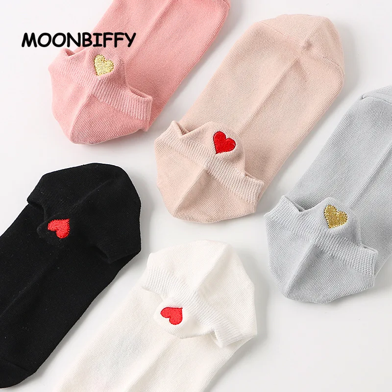 Love Heart Women Socks Embroidery Heel Pure Cotton Sock Japanese Harajuku Sweet Breathable Sweat-absorbing Invisible Boat Socks