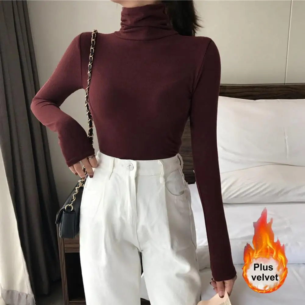 Pullover Tops Slim-fit Thermal Turtleneck Elasticity Base Shirt Solid Color High Collar Long Sleeve Sweater For Daily Wear