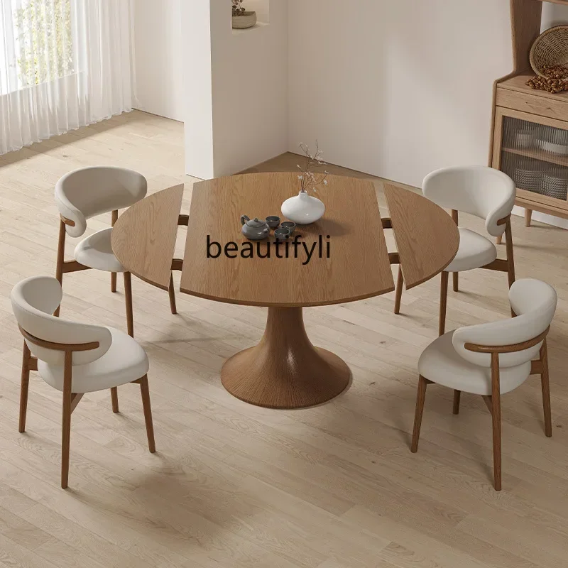 

lNordic wood square becomes round dual-purpose dining table Modern household round retractable folding dining table and chairs