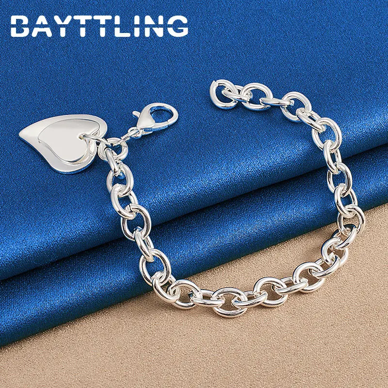 

New 925 Sterling Silver 8 Inches Glossy Double Heart Pendant Bracelet Jewelry For Women Fashion Party Charm Accessories Wedding