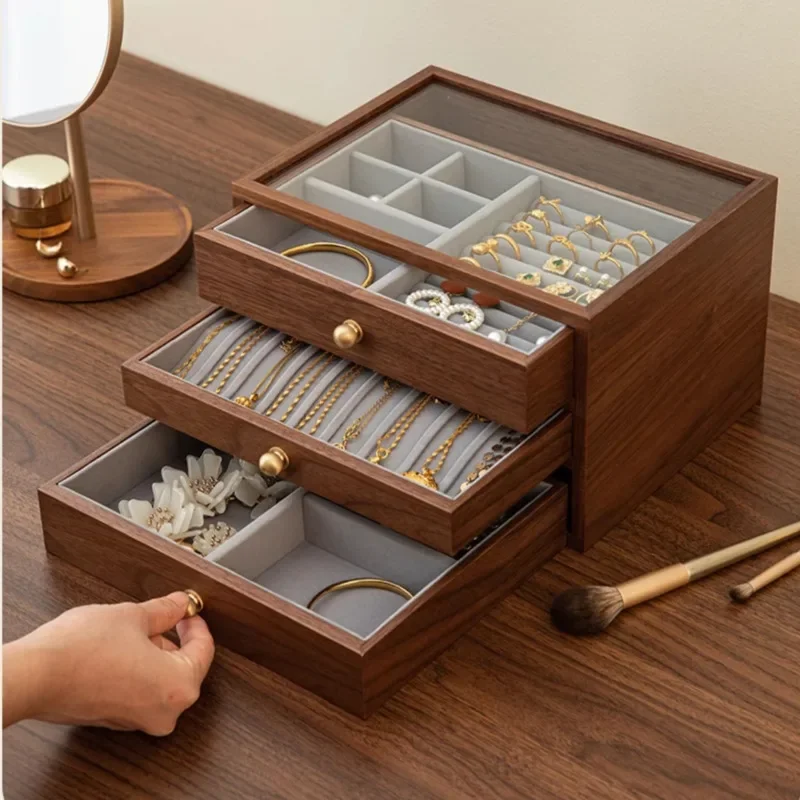 High-end Jewelry Organizer Solid Wood Multi-layer Storage Boxes Partition Classification Ring Holder Velvet Lining Makeup Case