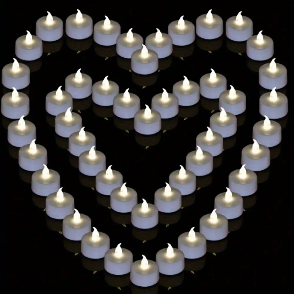 200/100/50pcs Flameless Tea Lights Warm White Lighting Included CR2032 Battery Last More Than 200+Hours Flickering Fake Tealights For Holiday Decoration, Birthday Party Decoration, Prayer Blessing, Wedding Decoration And Other Scenes.