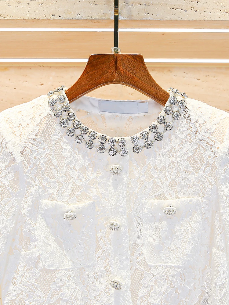 كارديجان نسائي فاخر مزين بالدانتيل والماس، مفتوح من الأمام، بتصميم عصري للربيع، مطرز بكثافة، بأسلوب السيدات الثريات، سترة قصيرة #4