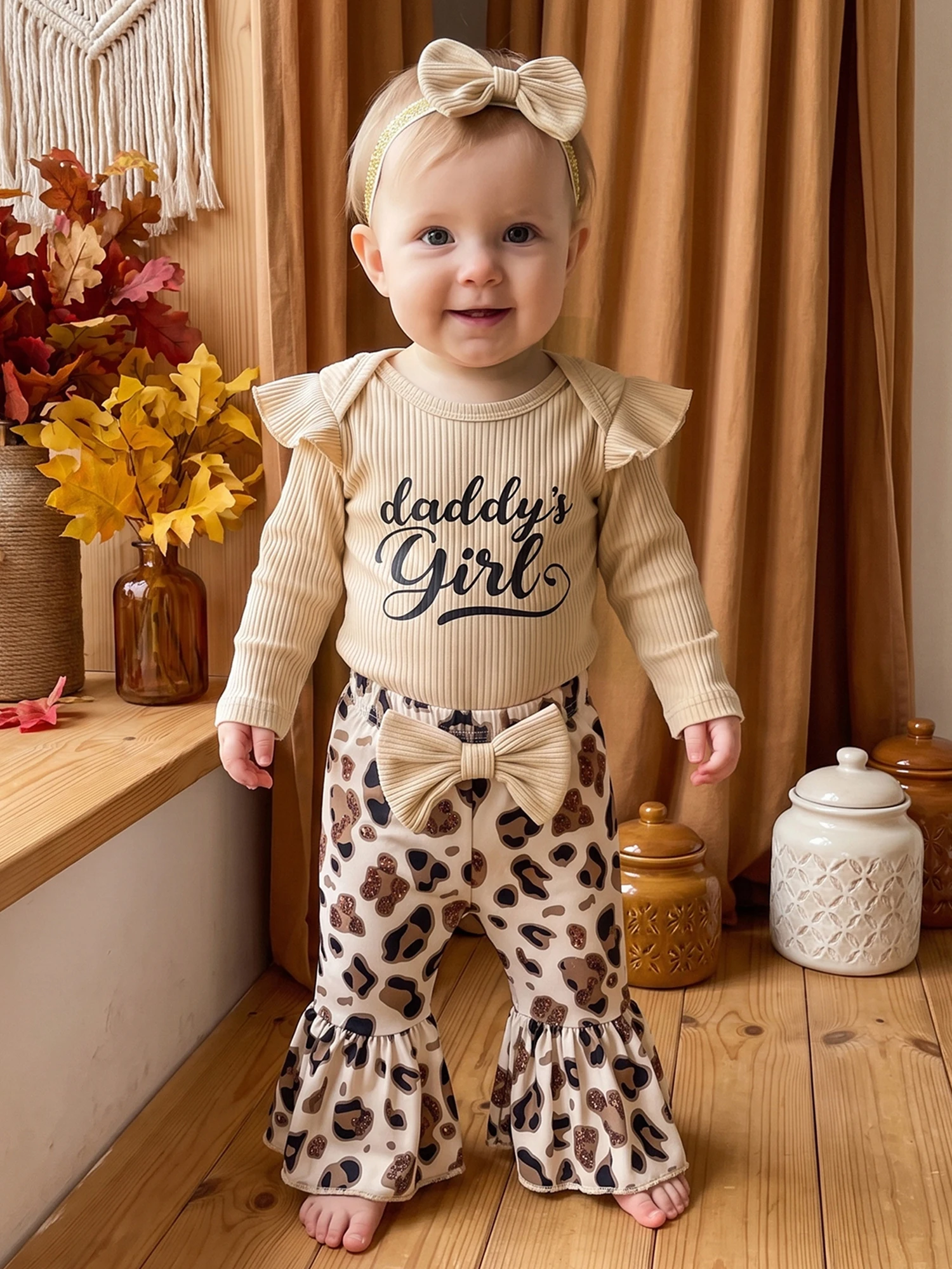 Pants Headband Baby Romper Leopard Pants Girl Fall Outfit Romper Fall-Outfit-Long Baby Girl Fall Sleeve Letter High Quality