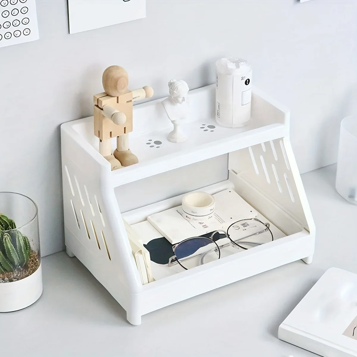 

White Double Tier Desktop Storage Organiser Display Shelf with Cutout Cat's Paw Design, Home Office and Dorm Room, 2-Layer