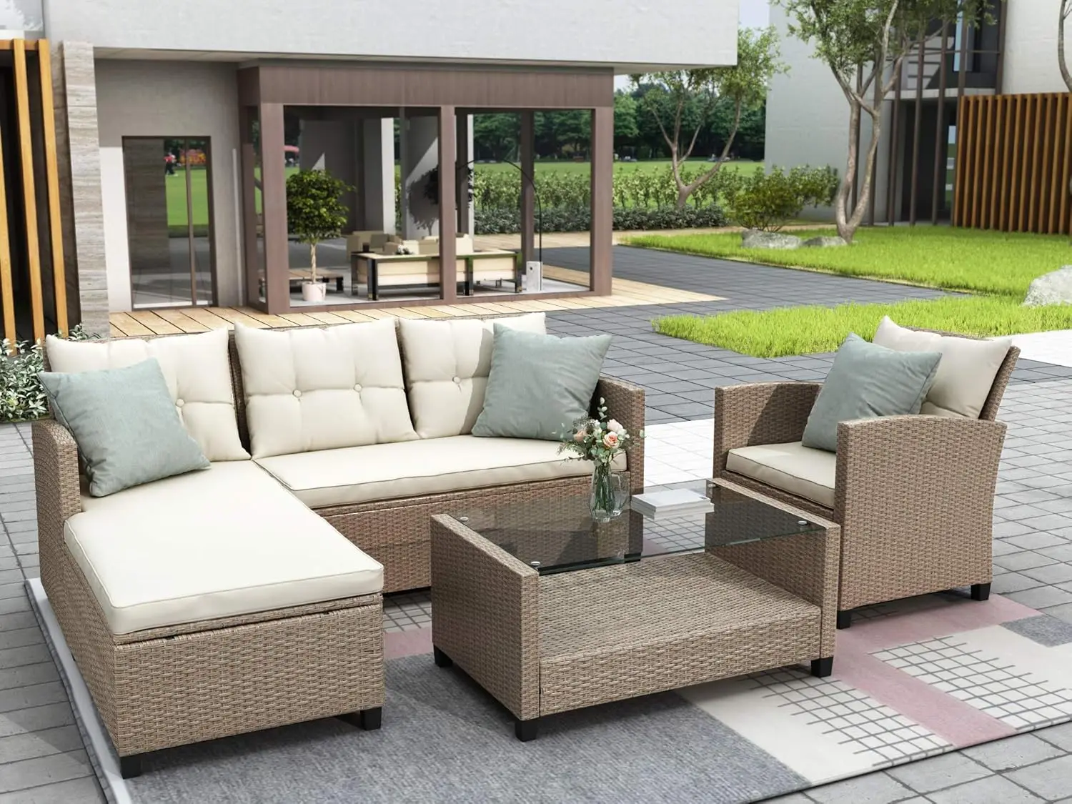 

Patio Furniture Set, Outdoor Wicker Conversation Sectional Sofa with Coffee Table, for Backyard, Porch