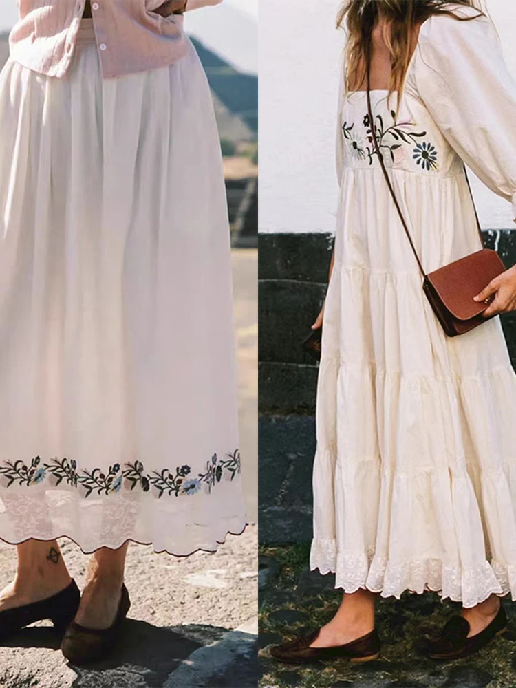 Rural Style Floral Lace Dress Women's High Waist Skirt Bubble Sleeve Square Collar Cotton Casual Summer Fashion 2026