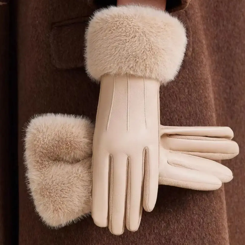 

Thermal Lined Women's Leather Gloves Thicken Solid Color Female Touchscreen Gloves Thermal Insulated Windproof