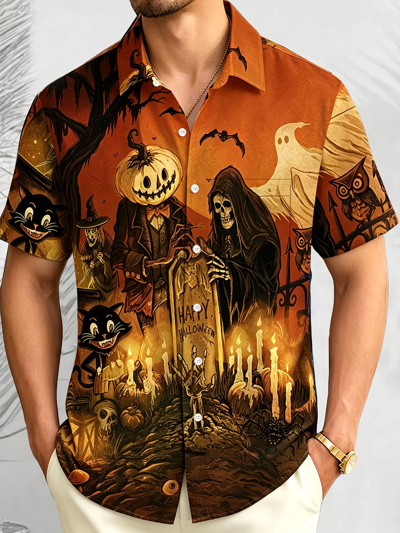Halloween Print Men's Holiday Short-Sleeve Shirt Turn Down Collar Casual Streetwear Business Top Men Clothes