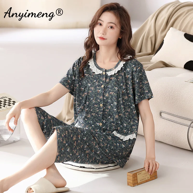 New Summer Capris Women Cotton Pajamas Floral Print Pajama Causal Pijamas Soft Lapel Loungewear Plus Size M-4XL Sleepwear