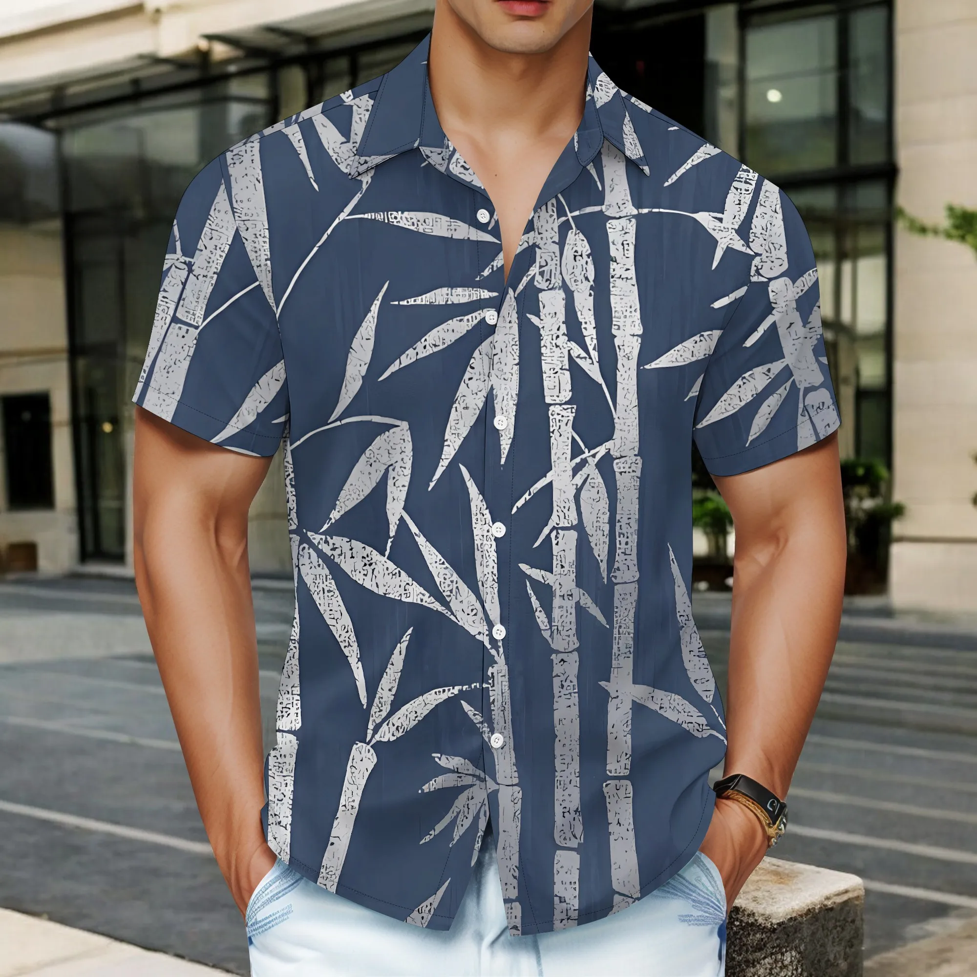 

YEAE Black - White Intertwined Line Print Shirt for Men Summer Casual Short Sleeve Top