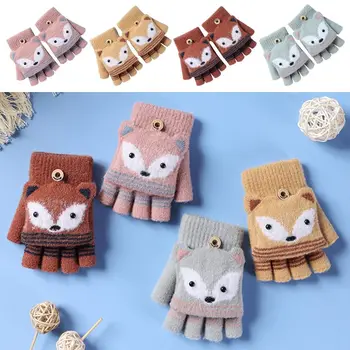 Autumn Winter Children Knitted Gloves Flip Fingerless Gloves Cute Cartoon Fox Warm Half-Finger Gloves