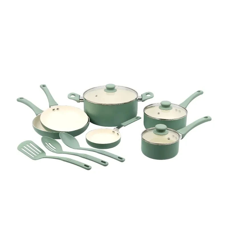

NEW Ceramic Aluminum, 12 Piece, Pots and Pans Cookware Set Green Nonstick-Fast shipping