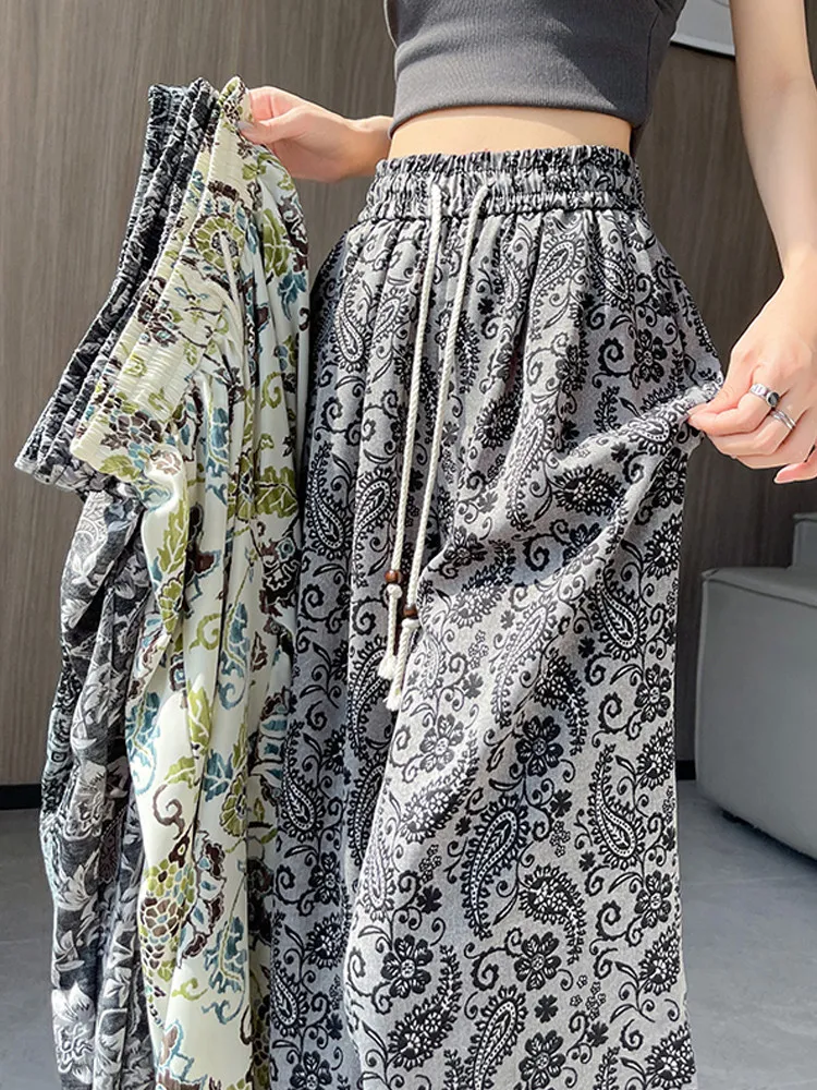 Retro Women's Long Pants Summer Thin Design High-End Fashion Print Loose Wide Leg Pants Quick Drying Sun Protection Pants New