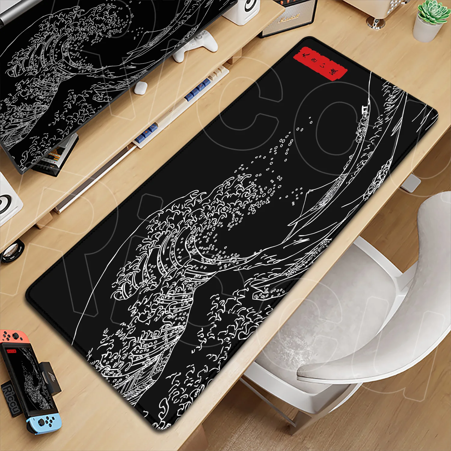 

Gaming Mouse Pad The Great Wave Off Kanagawa Black Deskmat 90x40cm Non-slip Keyboard Pad on The Table Carpet XXL Rubber Mousepad