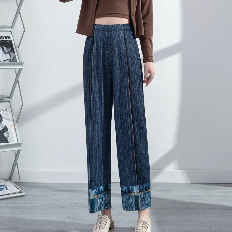 Miyake pleated Wide Leg Straight Pleated Jeans Women Elastic High Waist Solid Color Loose 2022 Autumn Female Fashion Trousers