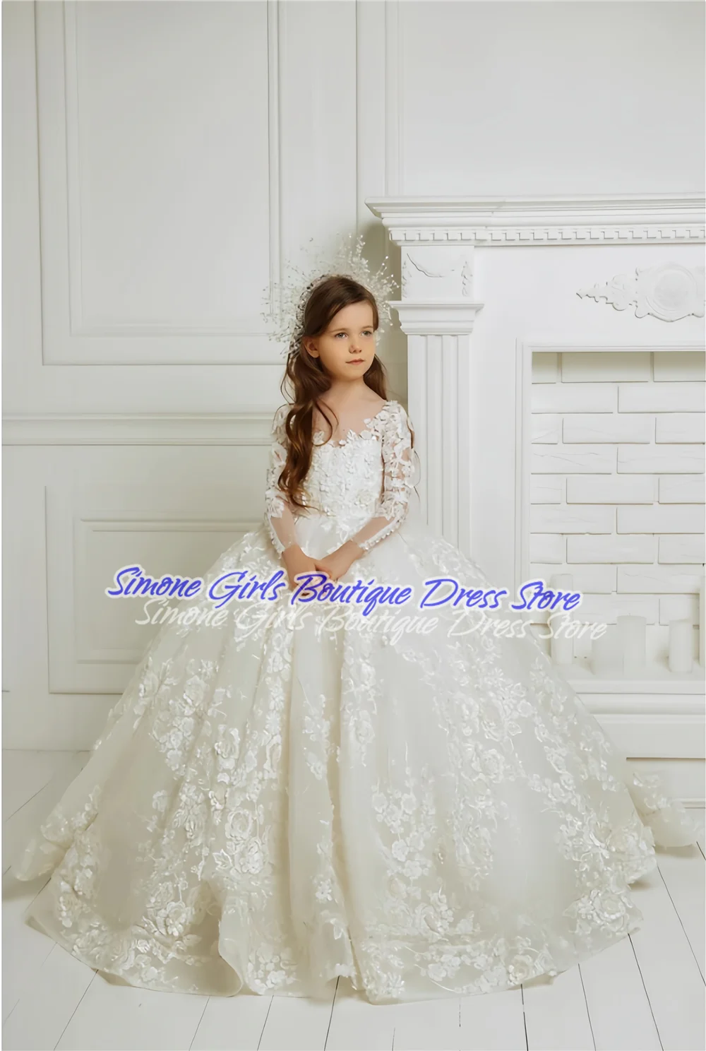 Flower Girl Dress Bows Children Long Sleeve For Weddings Party Princess First Holy Communion Dress Formal Tulle Ball Gown image 6
