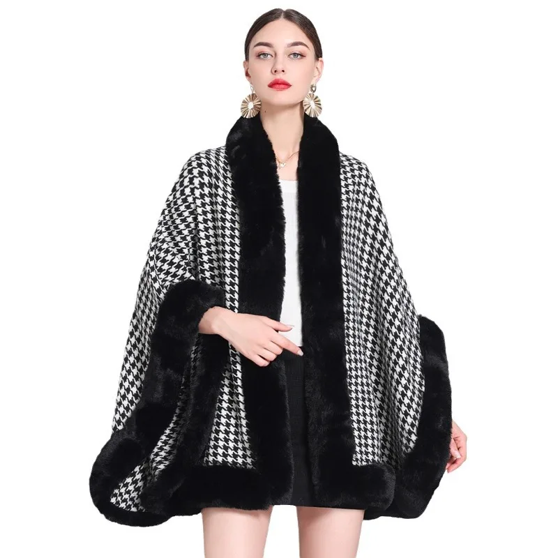 Fashion Full Trims Faux Fur Weave Houndstooth Cape Overcoat Big Thick Luxury Cloak Winter Women Coat Dress Mantle Wraps