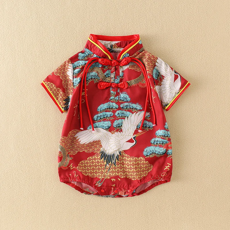 Summer newborn baby jumpsuit Chinese style red climbing suit 3m-12m