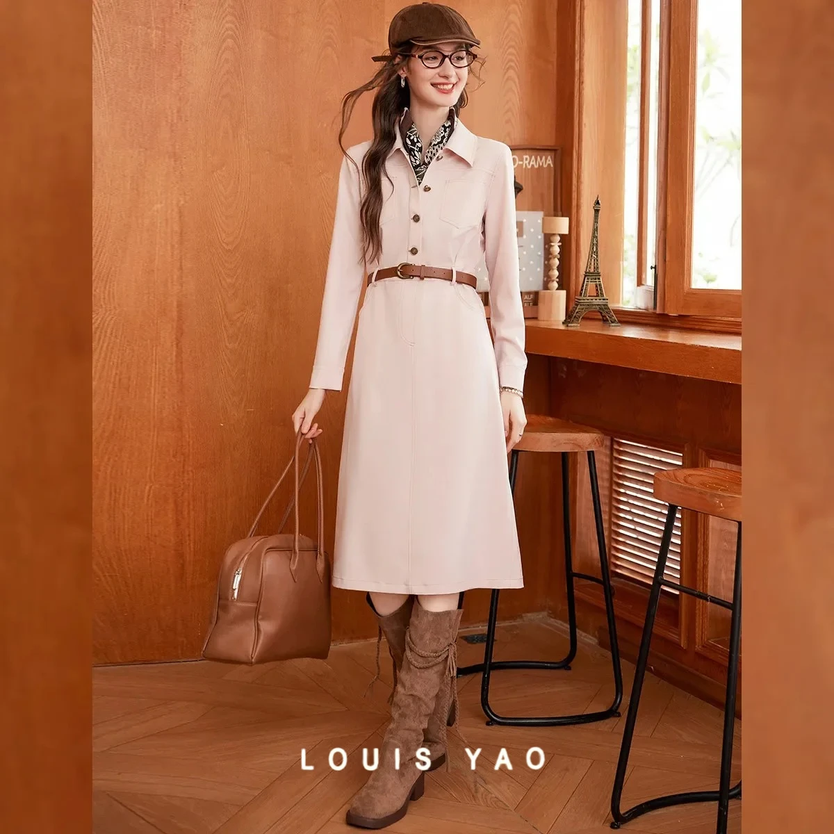 

LOUIS YAO Commuting Women's Dress 2025 Autumn Gentle Lapel Collar Long-Sleeved Dress Elegant Slim-Fit Non-Stretchy Maxi Dress