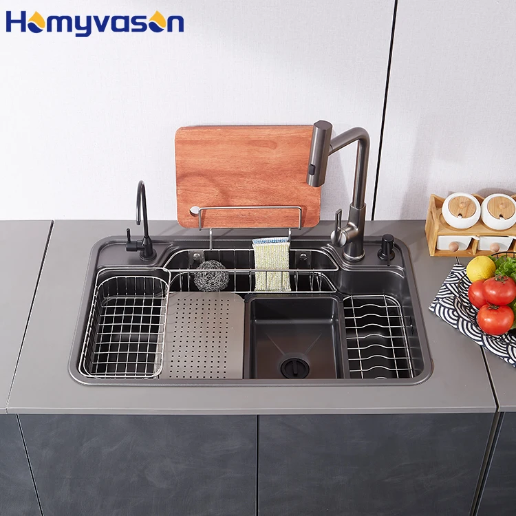 

Современная большая кухонная мойка из черной нержавеющей стали 304 с одной чашей, выдвижным смесителем и дренажной доской