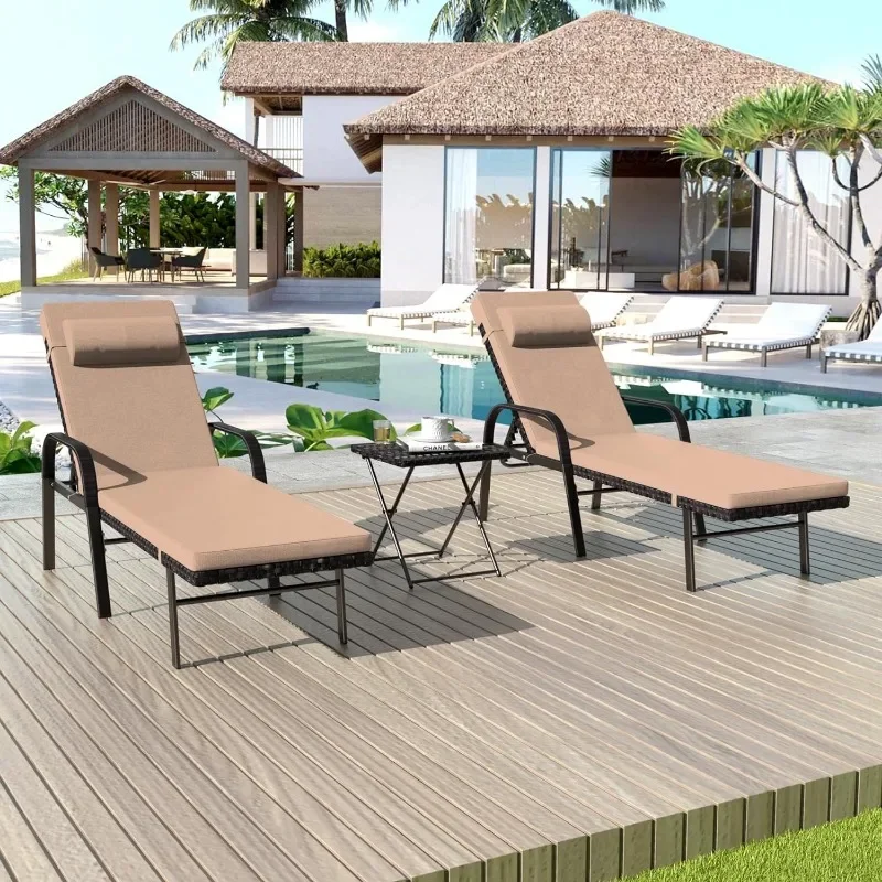 ZHENXIANG Patio Chaise Lounge Sets Outdoor Armchair Recliner Rattan Adjustable Back 3 Pieces Cushioned Patio Folding Chaise