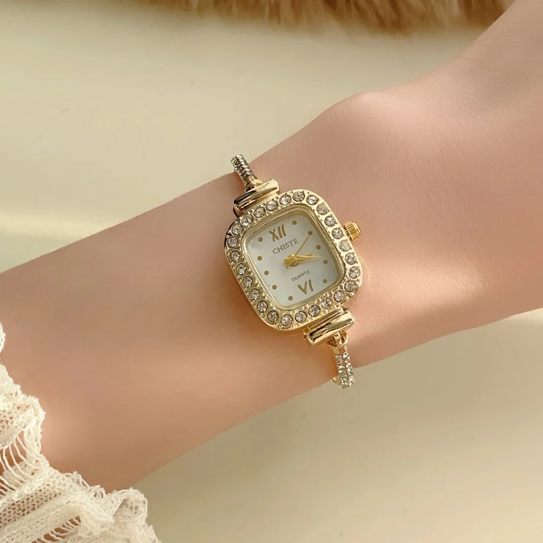 

Женские часы-браслет из розового золота и серебра с маленьким браслетом, подарки для подруги, аналоговые квадратные часы с бриллиантовым платьем