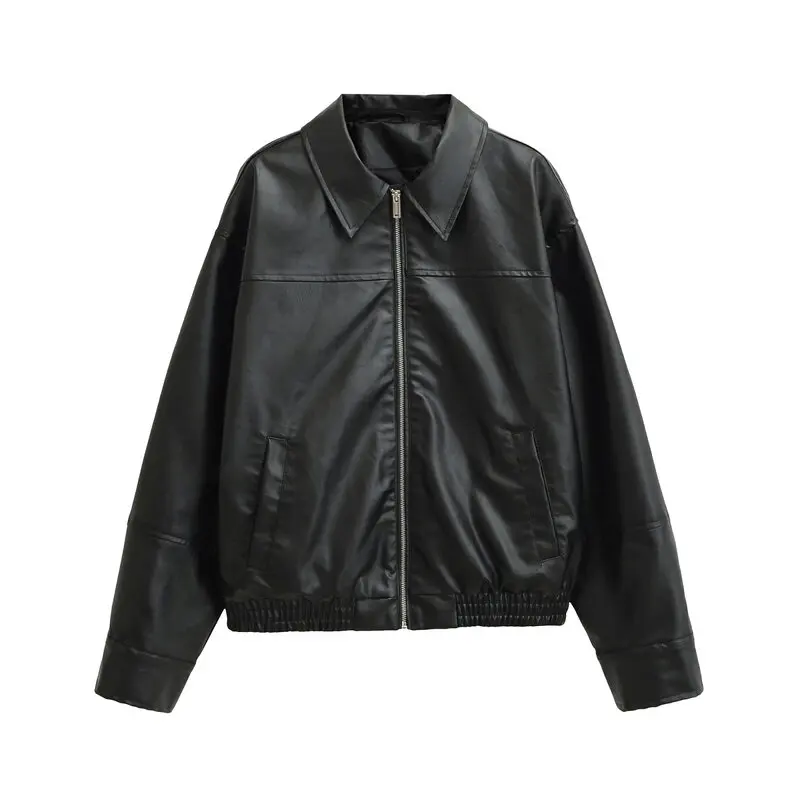 New 2025 Autumn Women's Faionable Leather Pilot Jaet Collar Outerwear Versatile Long Sve Zipper Closure  Color