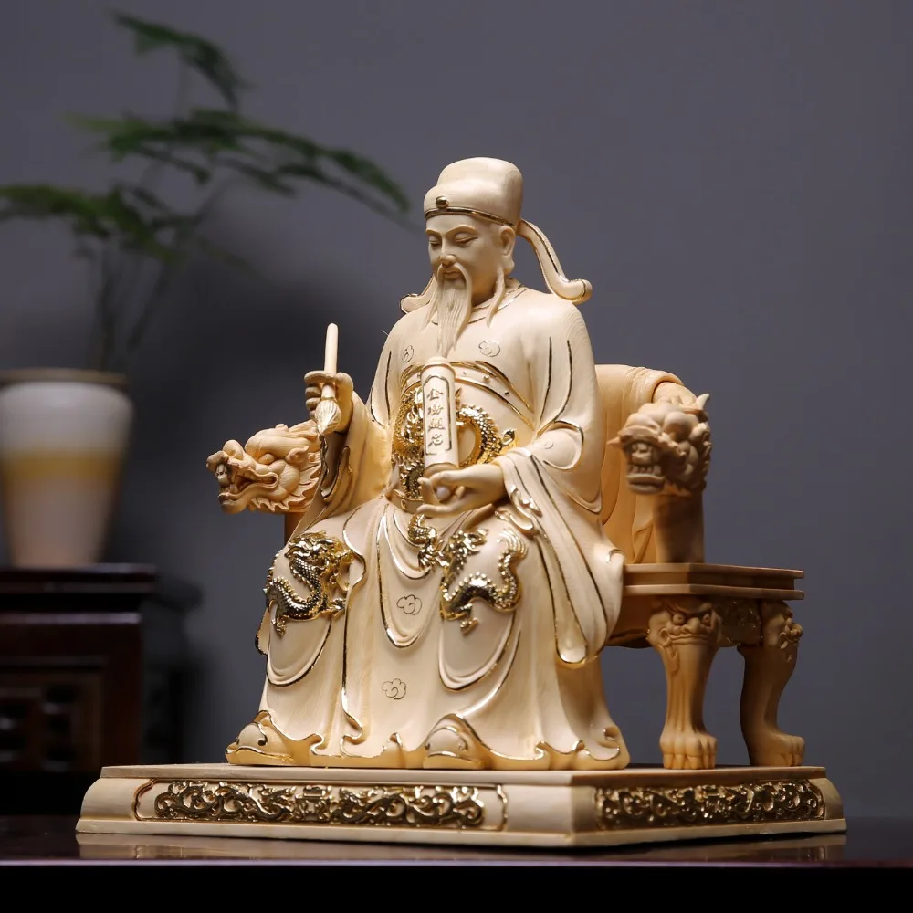 Hinoki Wood Carved Wenchang Dijun Statue with Gold Details, God of Literature, Home Temple Decor, New, 22cm