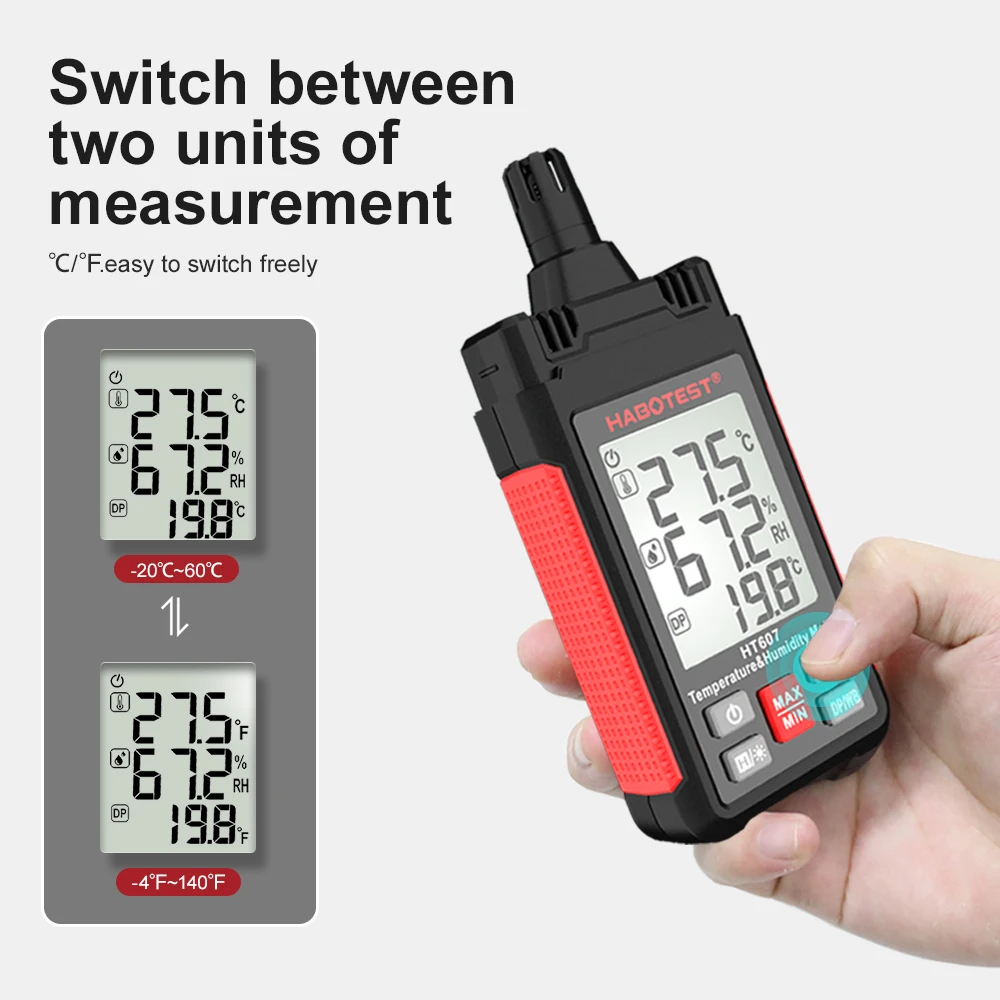 HT607 Digital Psychrometer Ambient Humidity Meter C/F Unit Thermometer Temperature Humidity Meter with Dew Point Wet Bulb