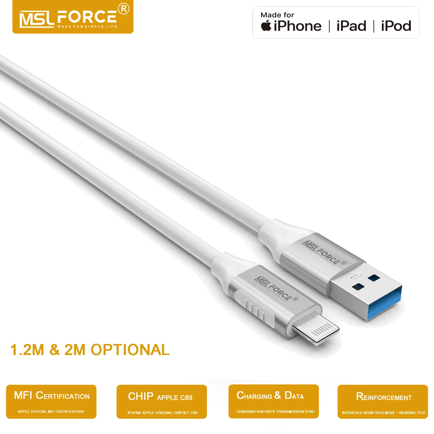 MSLFORCE Iphone Apple MFI Certification USB A to Lightning Charging Data Sync Cable for iPhone Charger 14 13 12 11Pro X XR Max 8