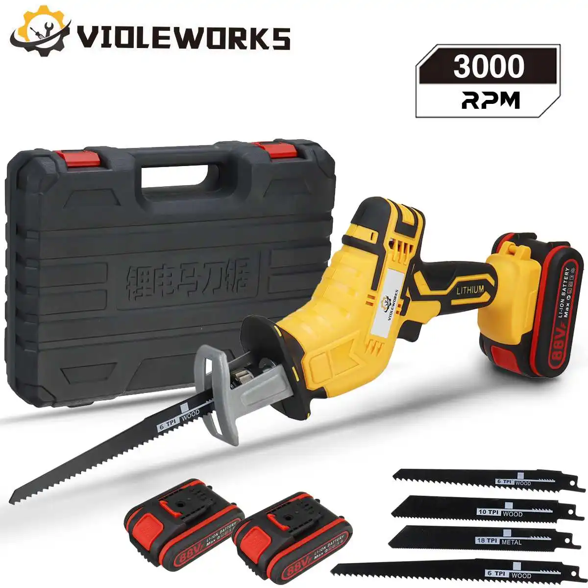 

88V Cordless Reciprocating Saw with 4pcs Blades Metal Wood Pipe Cutting Tool Handsaw Rechargeable Li-ion Battery