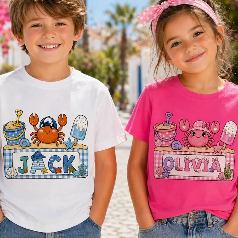 Custom Kids Beach Crab Name Shirt, Matching Brother Sister Summer Tee, Personalized Sibling Beach Outfit, Boy Girl Beach Vacatio