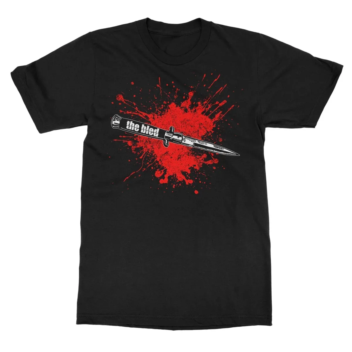 The Bled Switchblade Blood Splatter Graphic Print T Shirt, Black White Stiletto Knife with Band Name and Red Splash