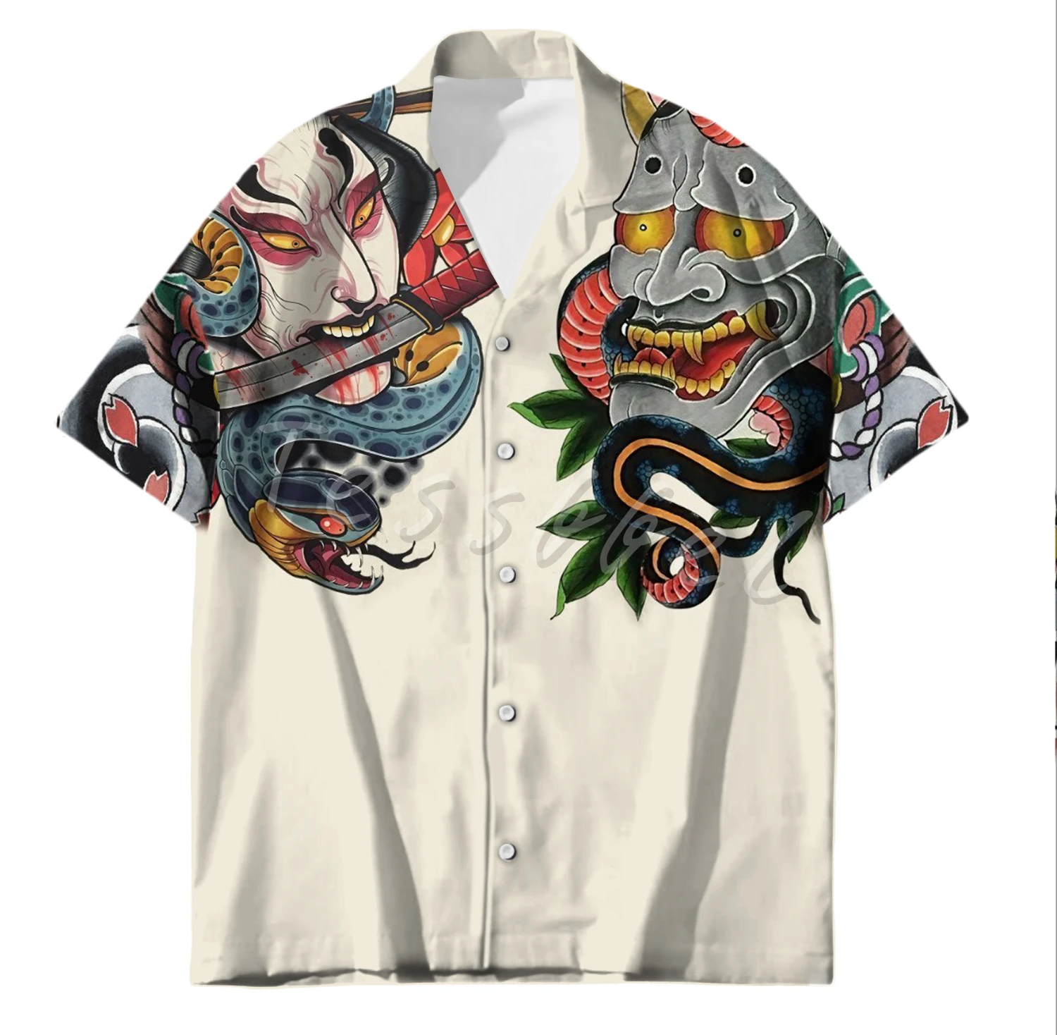 Men\'s Shirt Hawaiian Harajuku Casual Shirts Summer Tee Samurai Japanese Tattoo 3D Print Tops Fashion Oversized Blouse Streetwear