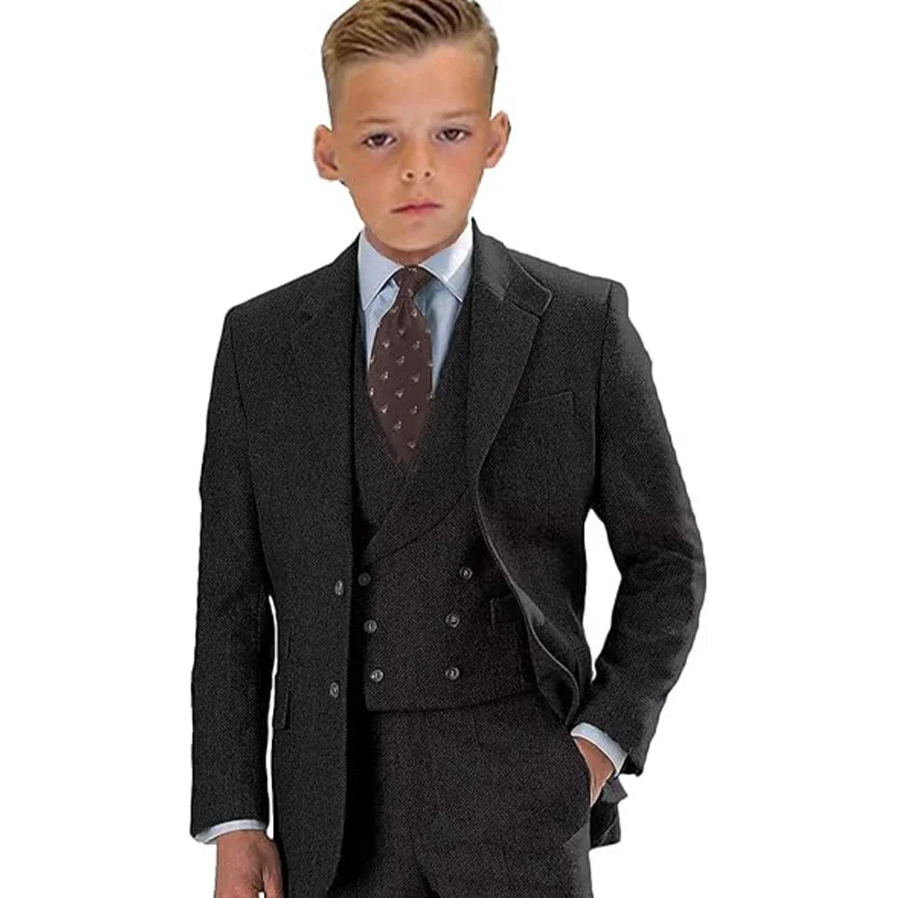 Ueteey Jongens Casual Suits 3-delige Single Breasted Pak Set Visgraat Tweed Blazer Vest Broek Voor Ringdrager Kids Smoking