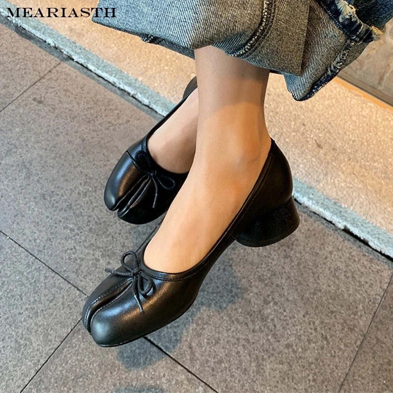 

black Genuine Leather Split Toe Mary Janes Shoes Women Round Toe Bowknot Chunky Heel Slip On Shallow Designer Brand Casual Pumps